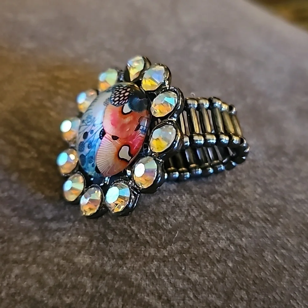 3/$30 Vintage Gunmetal Floral Aurora Borealis Rhinestone Stretch Ring